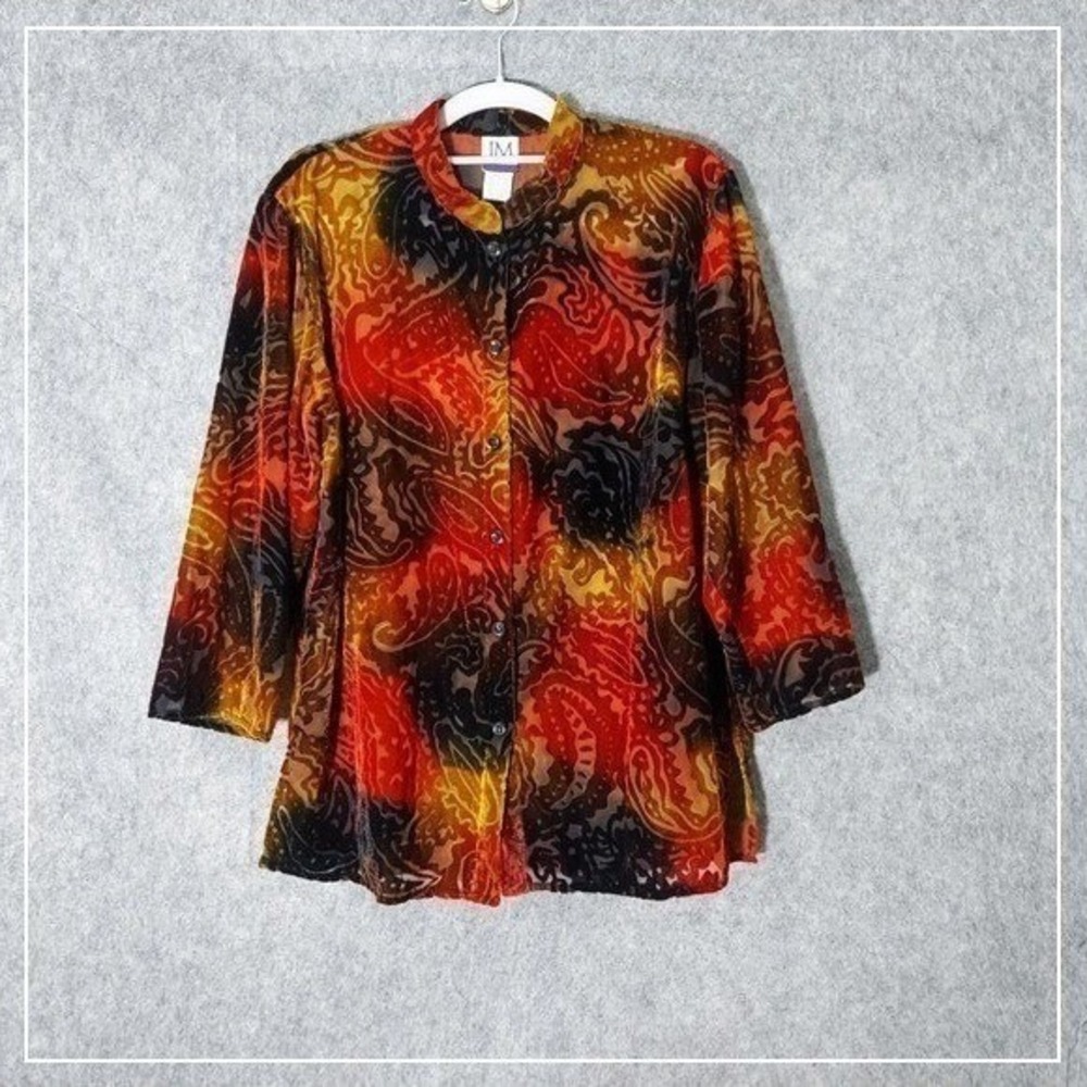 JM Collection Tunic S Paisley Velvet Jacquard Semi‎ Sheer Bell Sleeve Boho Retro